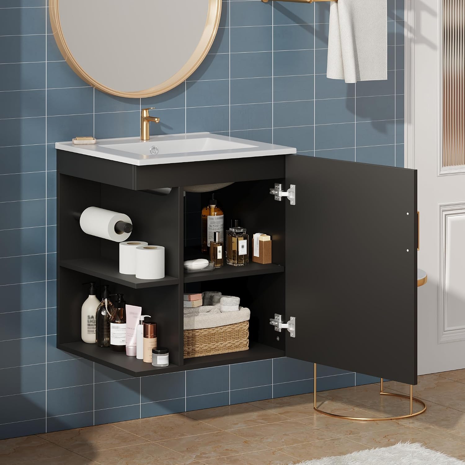 20 Inch Wall Mounted Bathroom Vanity with Sink Top,Small Floating Bathroom Vanity with Side Shelves & Toilet Paper Holder,Compact Storage with Soft Closing Door,Herringbone Front,Black