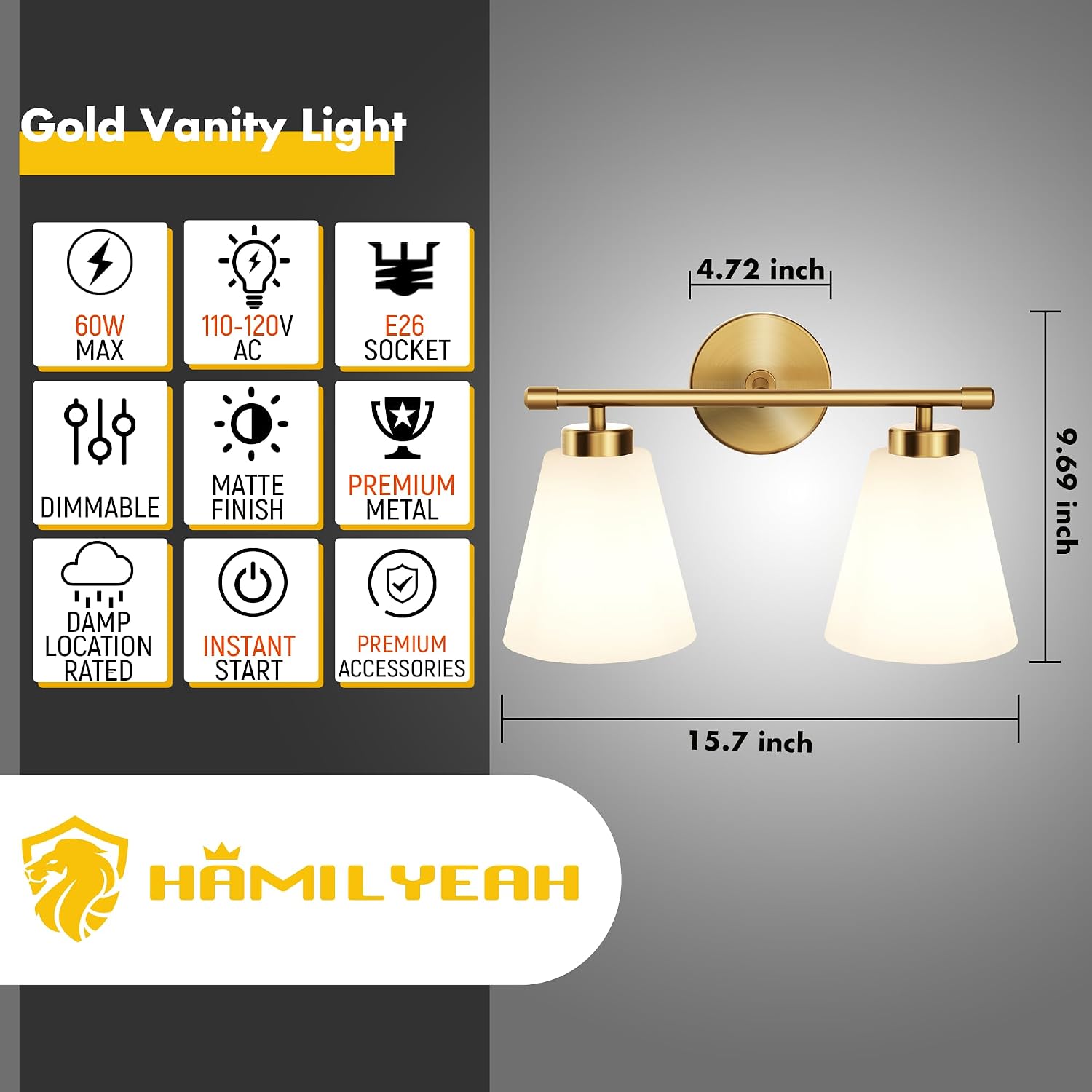 Hamilyeah Gold Bathroom Vanity Light Fixture with Frosted Glass Shade, 2 Light Vanity Lighting Fixture Over Mirror, 2 Bulb Wall Lamps for Bathroom, Restroom, Living Room