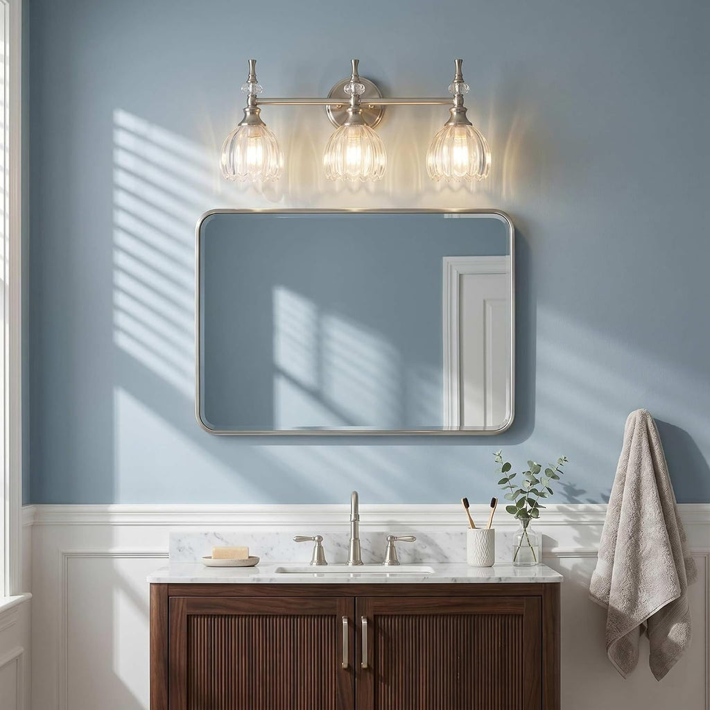 ANDY STAR 3-Light Brushed Nickel Bathroom Vanity Light, Transitional Sconce | Ribbed Glass & Crystal Accent, Damp-Resistant, Ceramic E12 Base, Reversible Up/Down Mounting