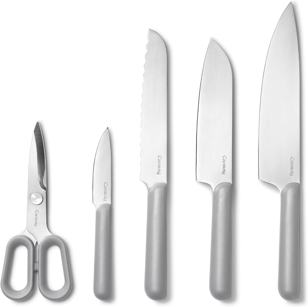 Caraway 5 Piece Knife Set - Premium German Steel Blade Kitchen Knives - Ergonomic Handles - No Microplastics - Gray