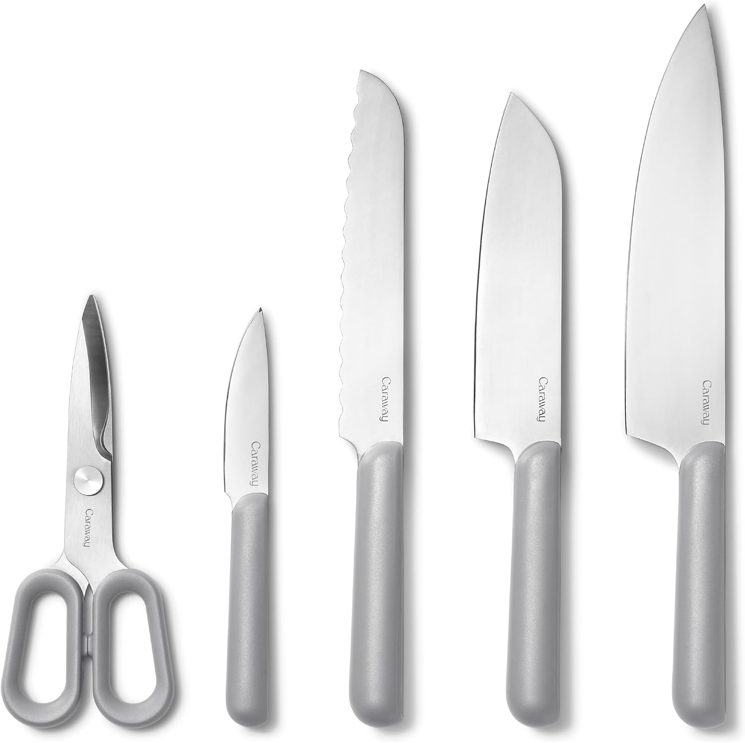 Caraway 5 Piece Knife Set - Premium German Steel Blade Kitchen Knives - Ergonomic Handles - No Microplastics - Gray
