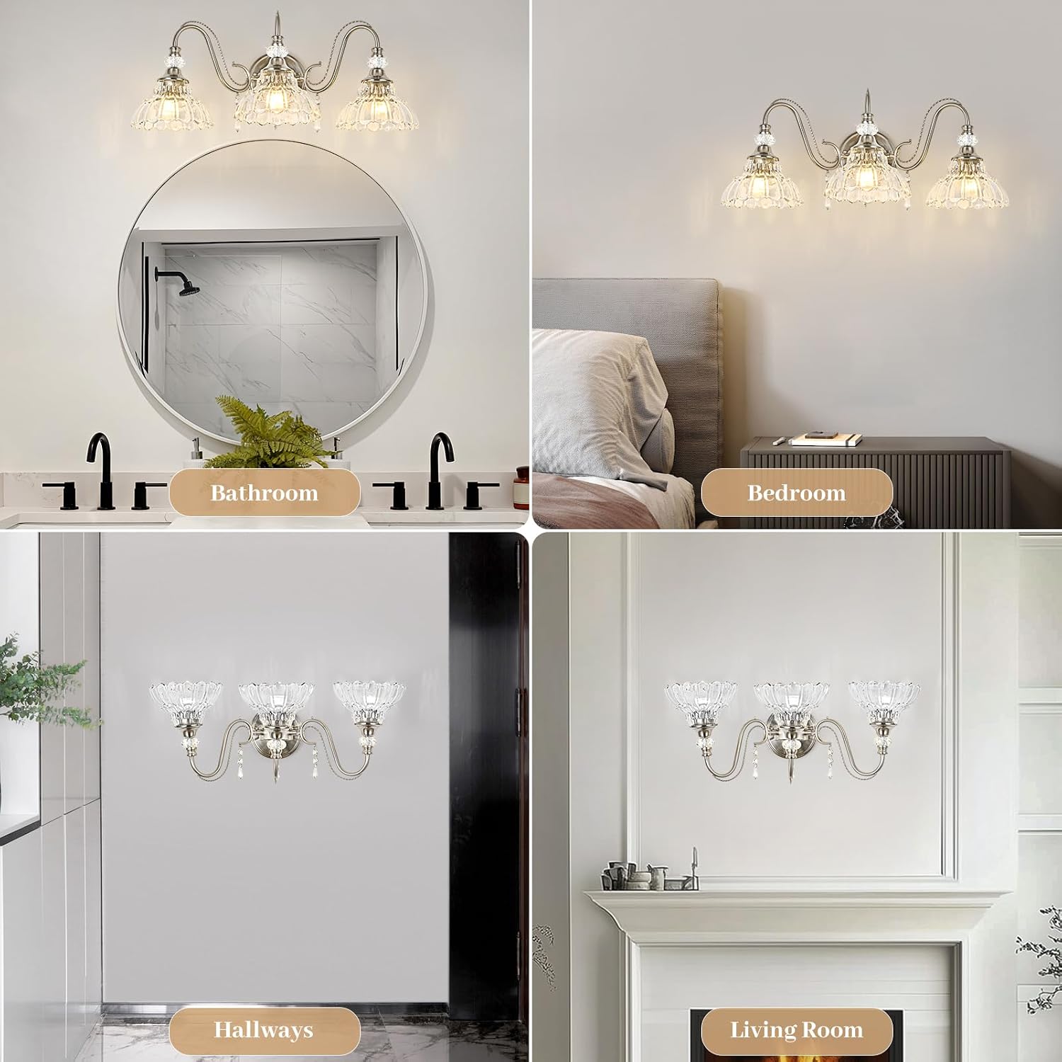 Brushed Nickel Bathroom Vanity Light, 3-Light Nickel Finish Wall Sconce with Hanging Crystal Accents and Flower-Shaped Clear Glass Shades, Modern Wall Mount Vanity Light Over Mirror for Bathroom