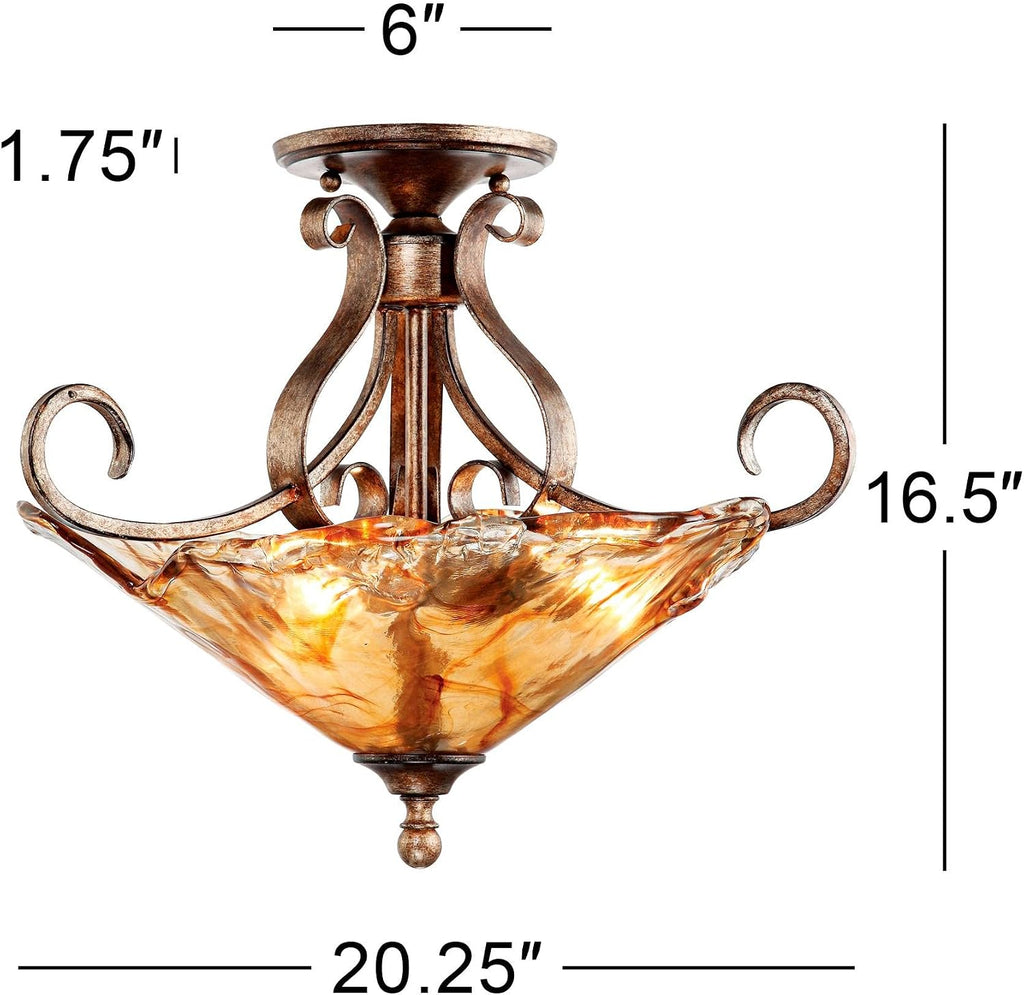 Franklin Iron Works Amber Scroll Rustic Ceiling Light Semi Flush Mount Fixture Golden Bronze 20 1/4' Wide Art Glass for Cottage Core Bedroom Kitchen Living Room Hallway Bathroom (Colors May Vary)