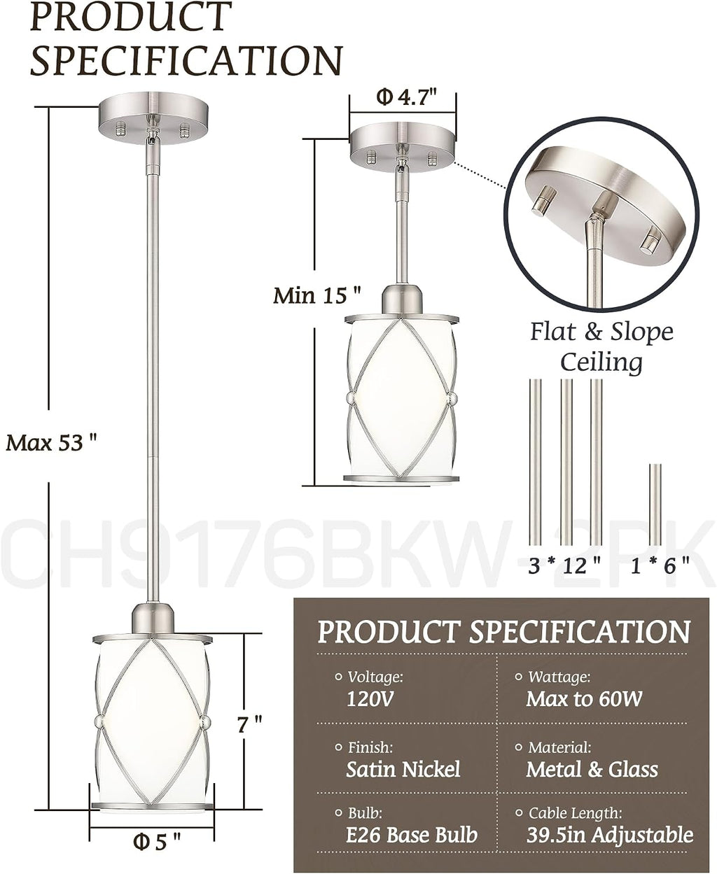 Brushed Nickel Pendant Lights Kitchen Island 3 Pack, Milk Glass Kitchen Pendant Lighting Over Island with Rods, Modern Mini Hanging Light for Sink Dining Room, CH9176BNW-3PK