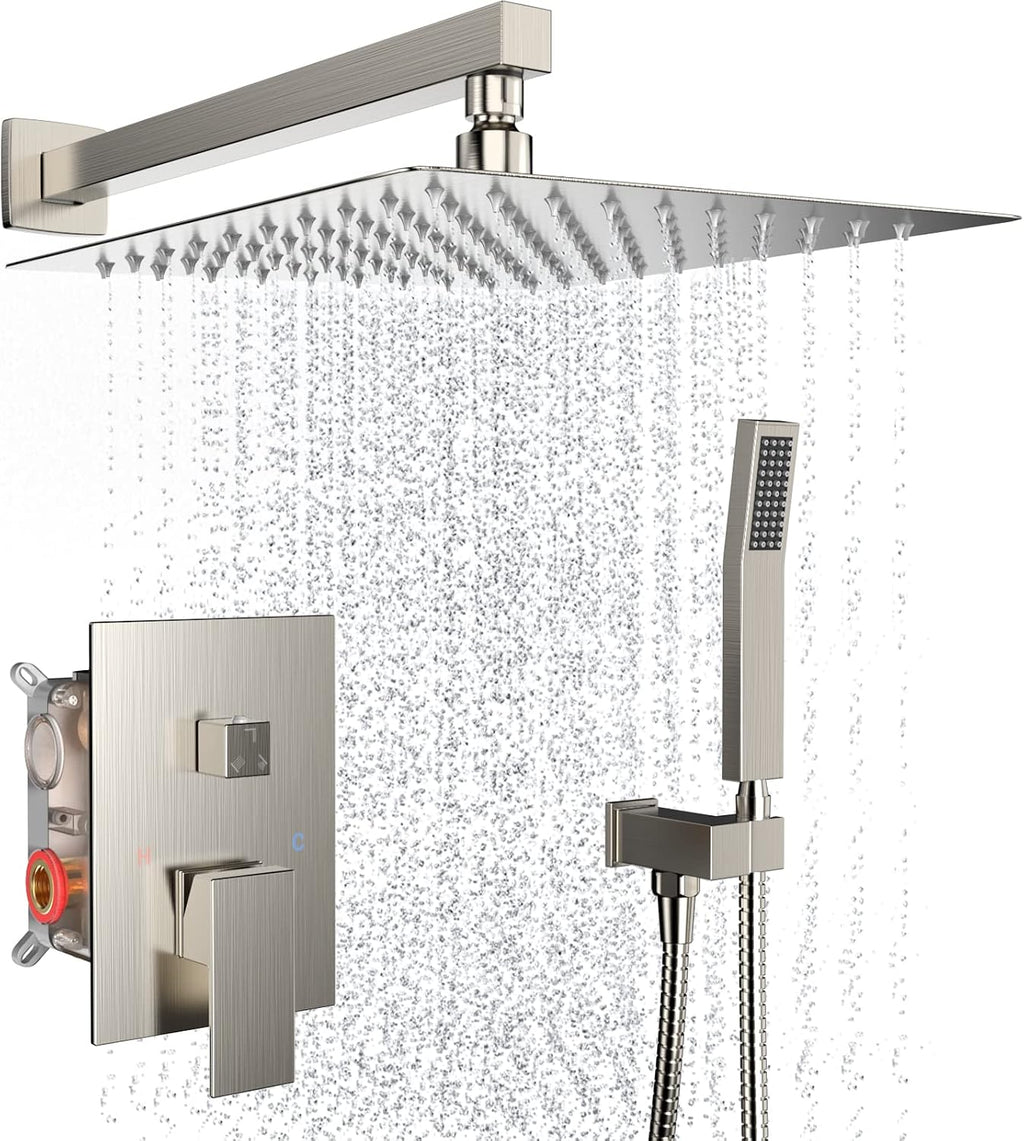 Rain Shower System 12 Inches Shower Head with Handheld Combo Set for Bathroom,High Pressure Rainfall Shower Faucet Set Wall Mounted,Rough-in Valve and Trim Kit(Brushed Nickel)