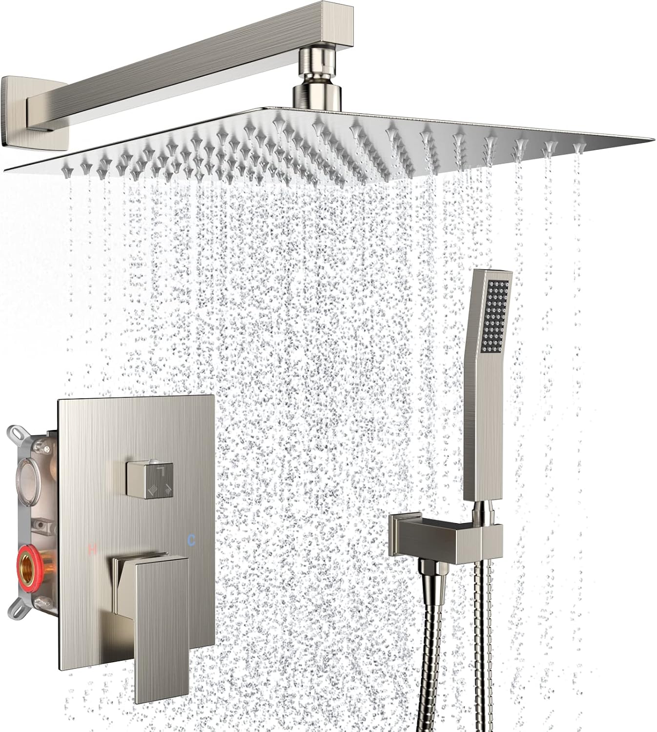 Rain Shower System 12 Inches Shower Head with Handheld Combo Set for Bathroom,High Pressure Rainfall Shower Faucet Set Wall Mounted,Rough-in Valve and Trim Kit(Brushed Nickel)