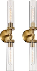 2-Pack Bathroom Vanity Light Fixtures – Modern 2-Light Gold Wall Sconces with Knurled Texture, Clear Glass Shades, Horizontal or Vertical Hardwired Mount, Bathroom Lighting Fixtures Over Mirror