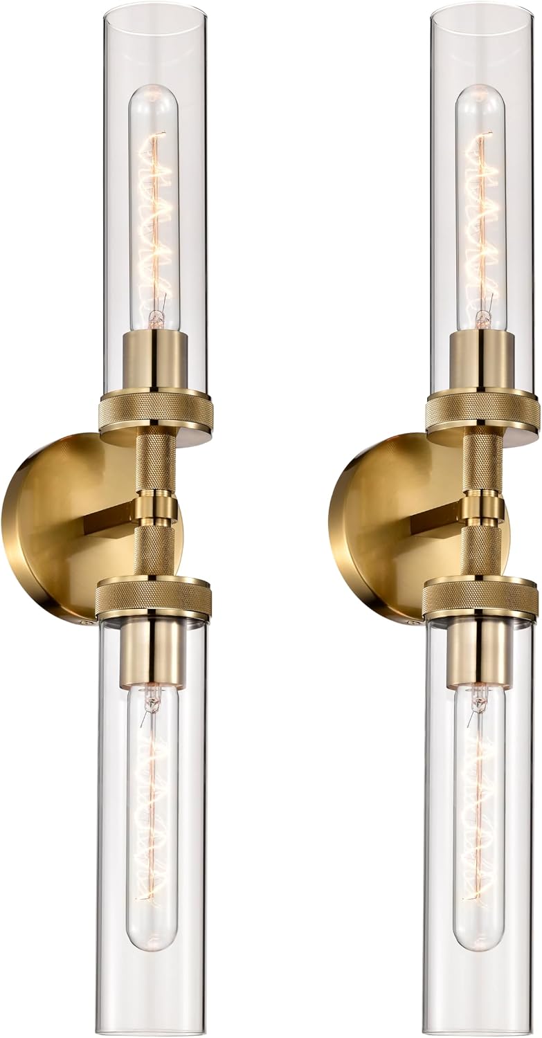 2-Pack Bathroom Vanity Light Fixtures – Modern 2-Light Gold Wall Sconces with Knurled Texture, Clear Glass Shades, Horizontal or Vertical Hardwired Mount, Bathroom Lighting Fixtures Over Mirror
