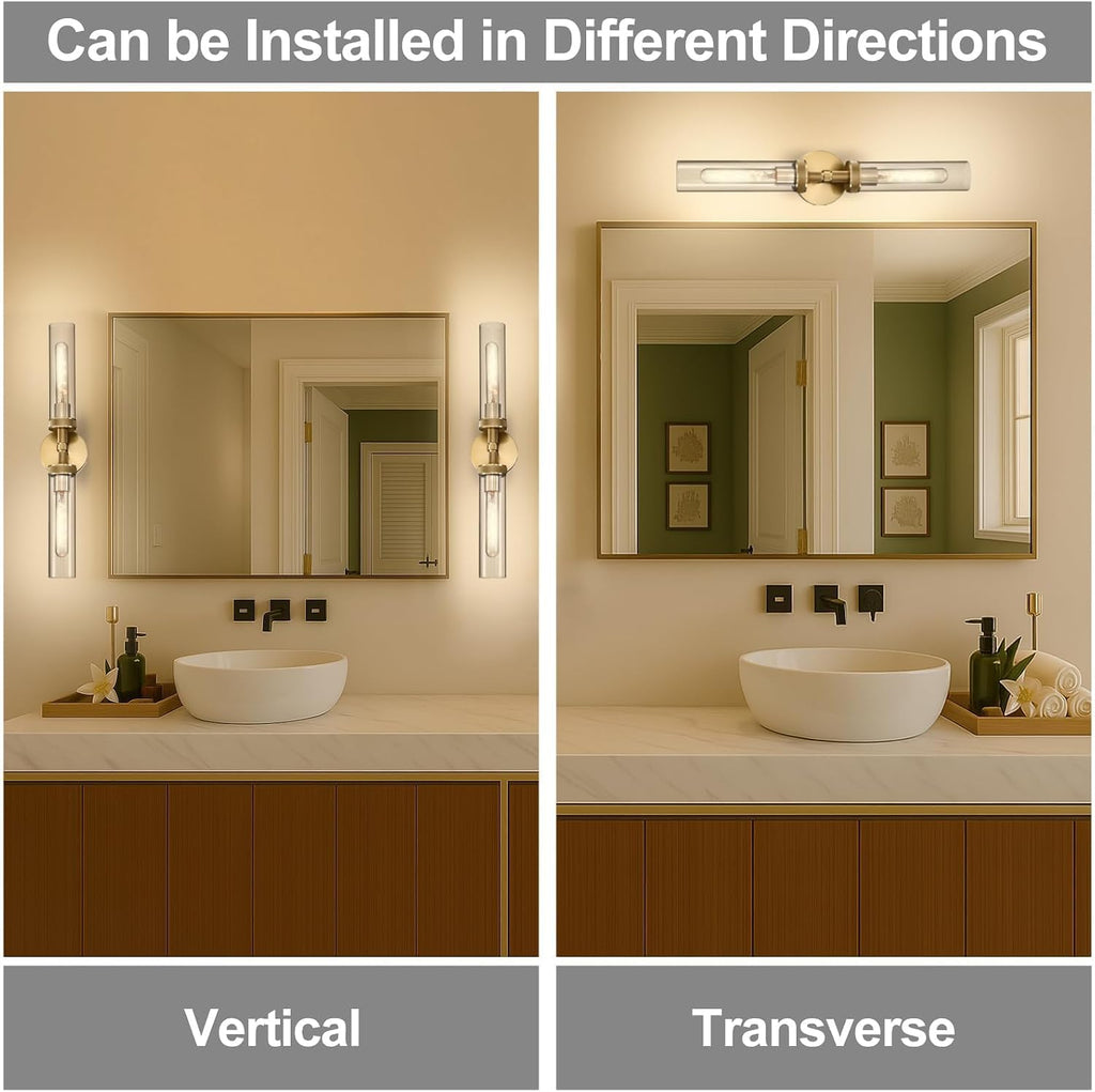 2-Pack Bathroom Vanity Light Fixtures – Modern 2-Light Gold Wall Sconces with Knurled Texture, Clear Glass Shades, Horizontal or Vertical Hardwired Mount, Bathroom Lighting Fixtures Over Mirror