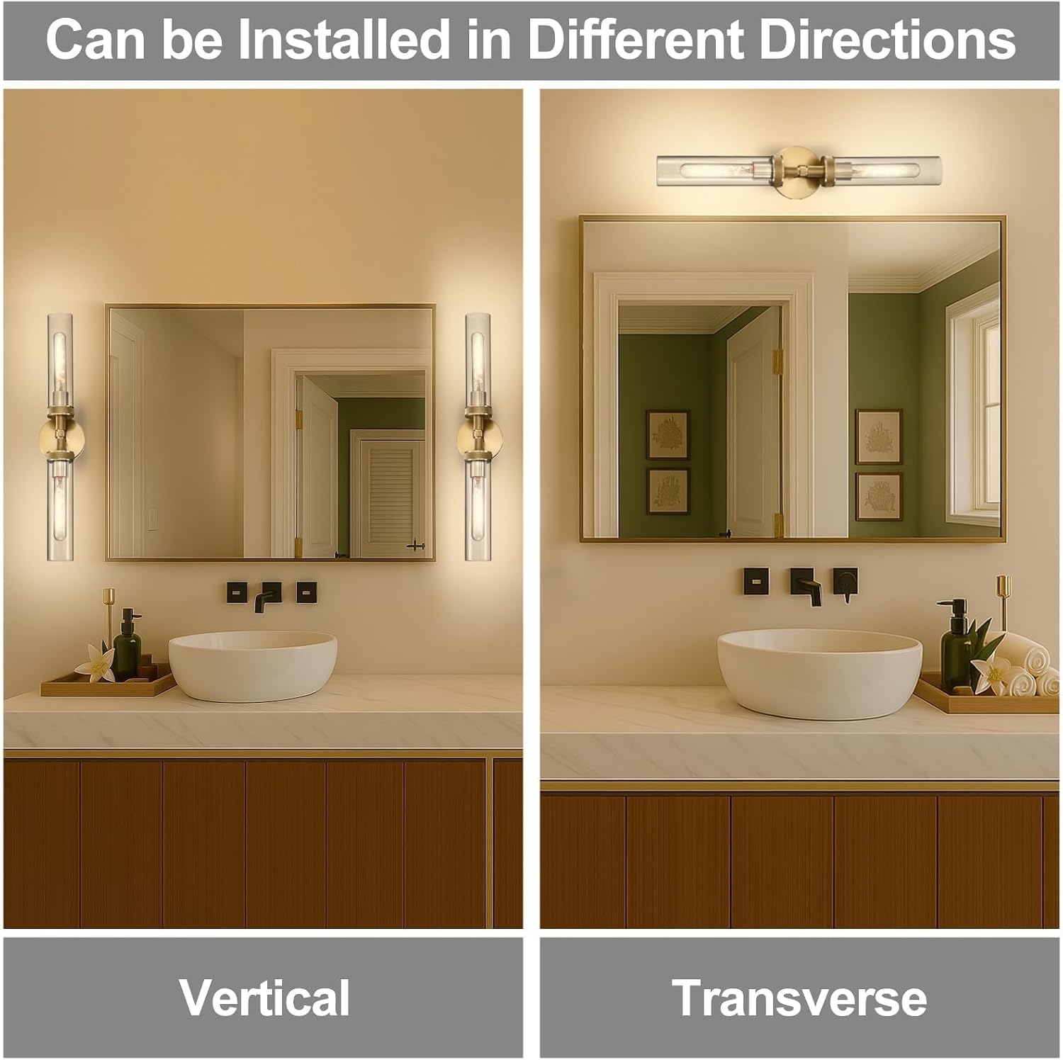 2-Pack Bathroom Vanity Light Fixtures – Modern 2-Light Gold Wall Sconces with Knurled Texture, Clear Glass Shades, Horizontal or Vertical Hardwired Mount, Bathroom Lighting Fixtures Over Mirror