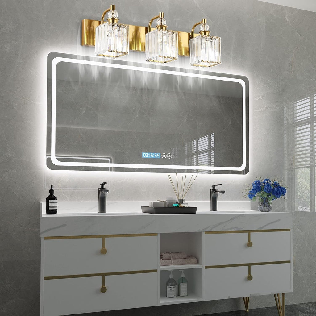Ralbay Crystal Bathroom Vanity Lights 3-Lights 24'' Modern Crystal Gold Bathroom Lighting Fixtures Over Mirror