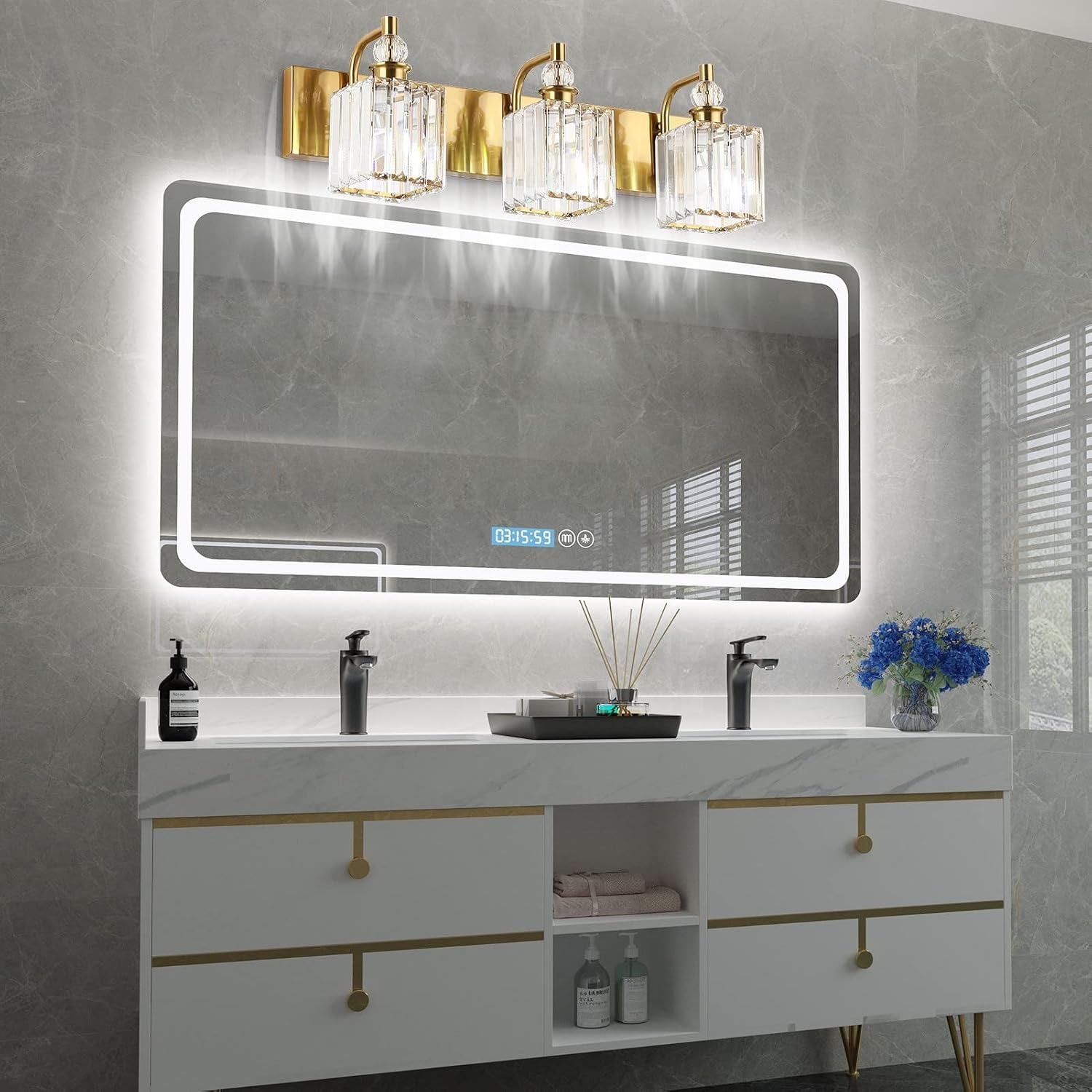Ralbay Crystal Bathroom Vanity Lights 3-Lights 24'' Modern Crystal Gold Bathroom Lighting Fixtures Over Mirror