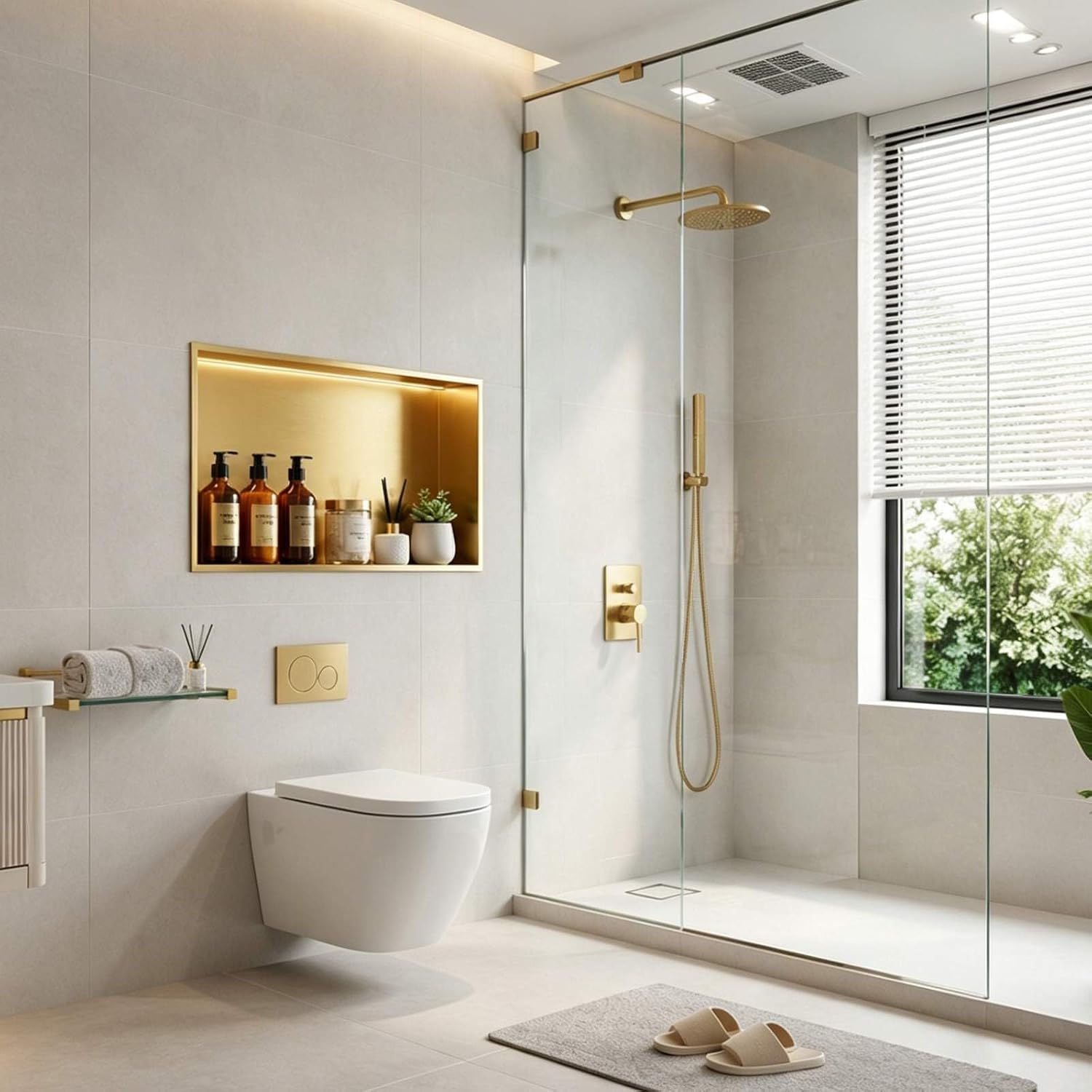 SaniteModar Shower Niche, Stainless Steel Shower Niche No Tile Needed, Recessed for Bathroom Storage (Brushed Gold, 16' x 28')