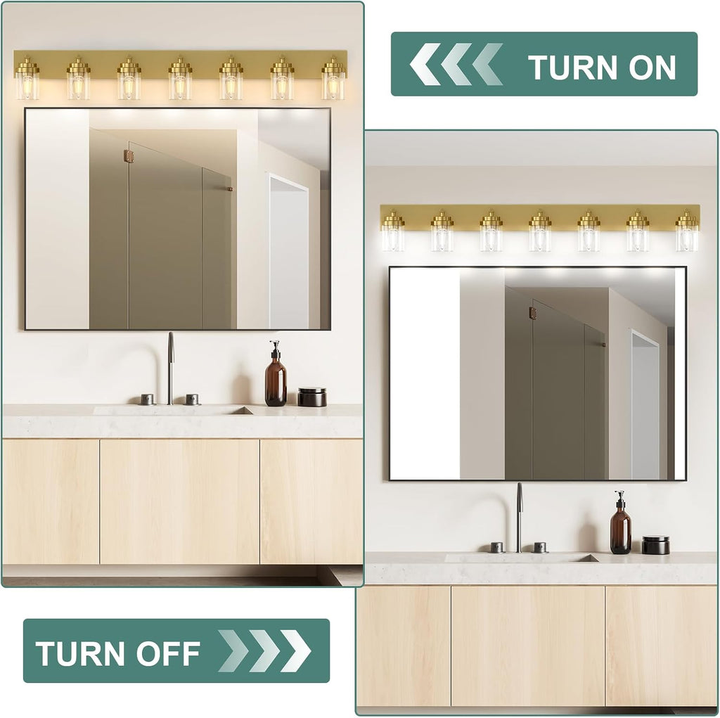 IZORRO Bathroom Vanity Light Fixture, 7-Light 52 inch Gold Bathroom Light Fixtures Over Mirror, with Clear Glass Shade, Modern Farmhouse Vanity Lights, Rustic Restroom Lighting Fixtures