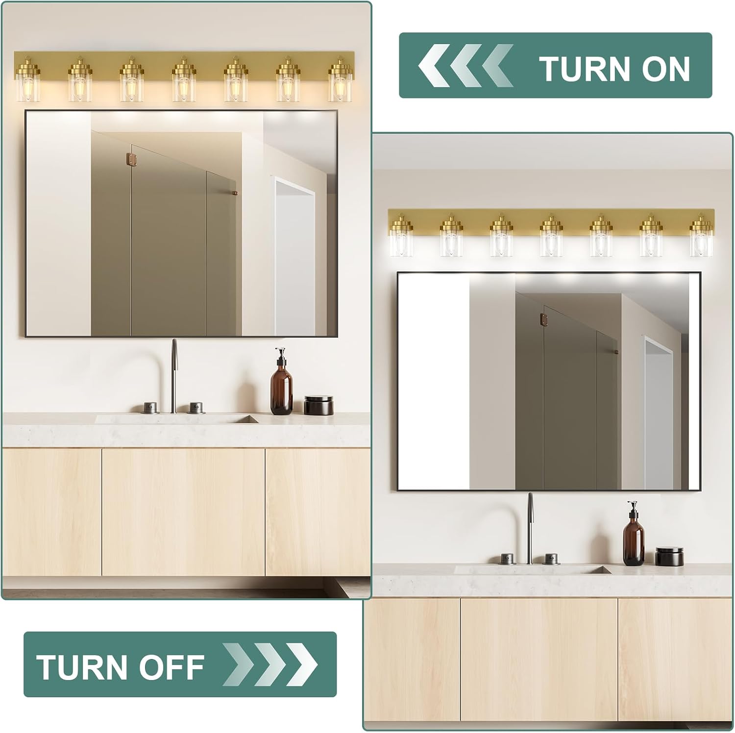 IZORRO Bathroom Vanity Light Fixture, 7-Light 52 inch Gold Bathroom Light Fixtures Over Mirror, with Clear Glass Shade, Modern Farmhouse Vanity Lights, Rustic Restroom Lighting Fixtures