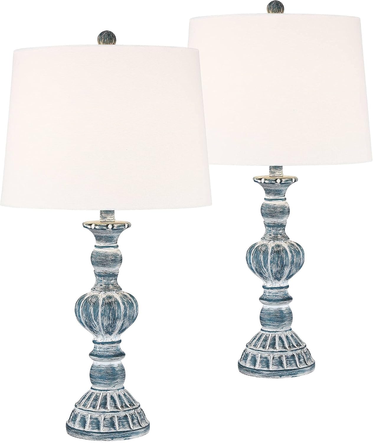 Regency Hill Tanya Coastal Vintage Style 3-Way Table Lamps 26.5' High Set of 2 with Table Top Dimmers Blue Wash White Fabric Drum Shades for Living Room Bedroom House Bedside Nightstand