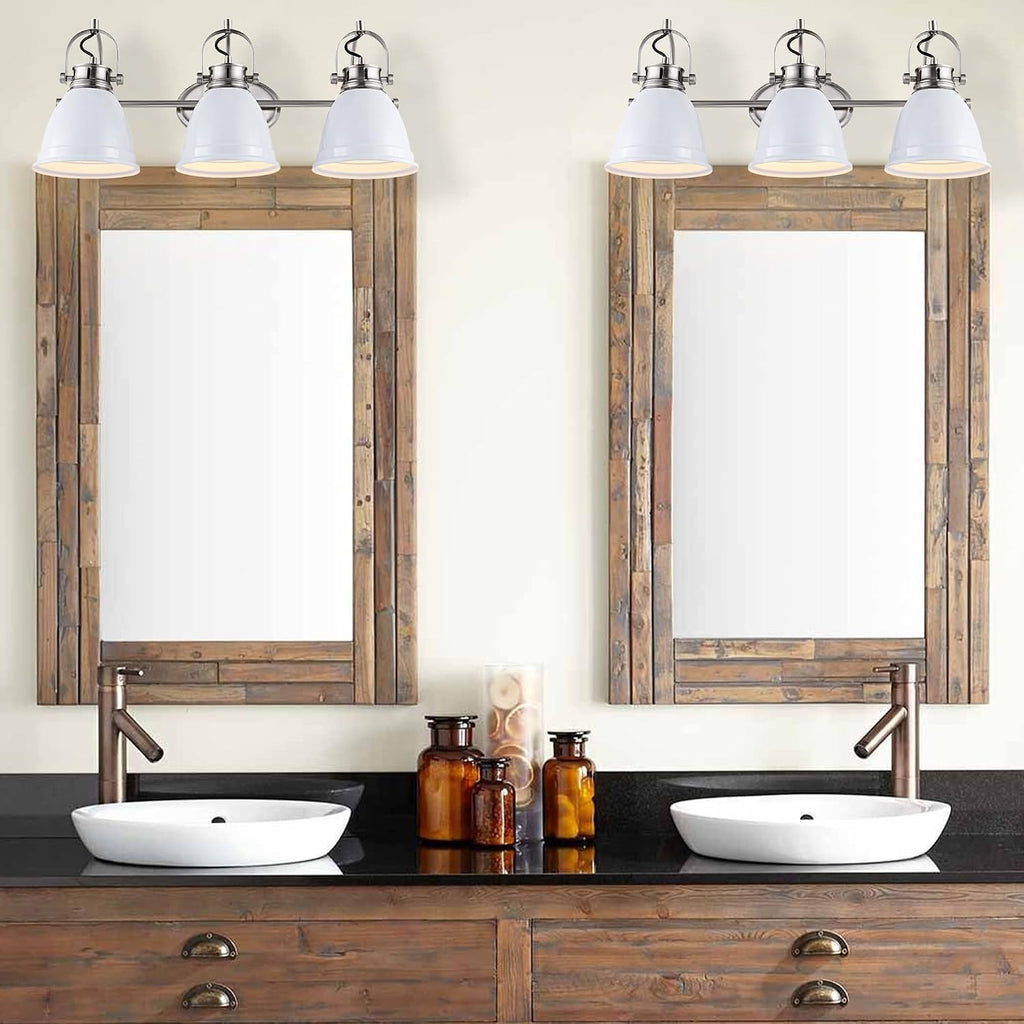 JONATHAN Y 25.5' White/Nickel 3-Light LED Vanity Light, Adjustable Wall Sconce for Bathroom Mirror, Farmhouse Bohemian Kitchen Light, Iron Black Bell Shade (JYL1116B)