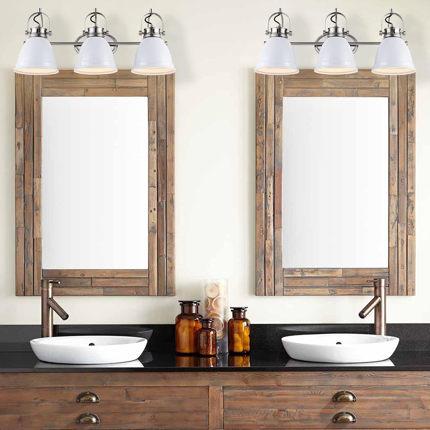 JONATHAN Y 25.5' White/Nickel 3-Light LED Vanity Light, Adjustable Wall Sconce for Bathroom Mirror, Farmhouse Bohemian Kitchen Light, Iron Black Bell Shade (JYL1116B)