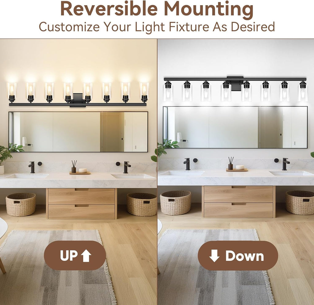 8-Light Bathroom Light Fixtures, 51' Modern Vanity Lights Over Mirror with Clear Glass Shades, Matte Black Light Fixture, Classic Wall Light Fixture for Mirror Living Room Cabinet Bedroom Porch