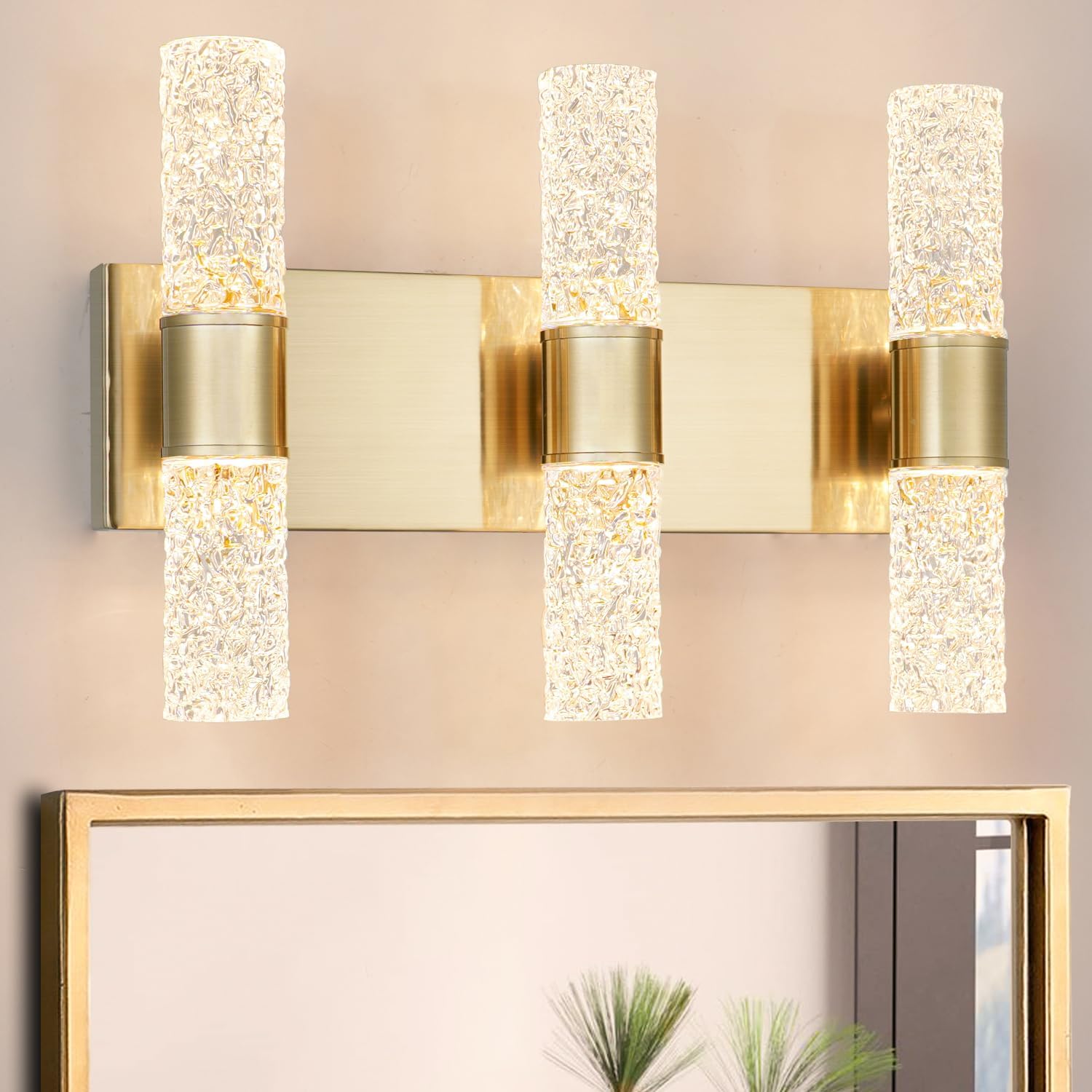 Gold Bathroom Light Fixture, Modern Brushed Vanity Light with Crystal, 6 Light Bathroom Vanity Light Fixtures Over Mirror, 27w LED Hardwired Wall Sconce, Warm White