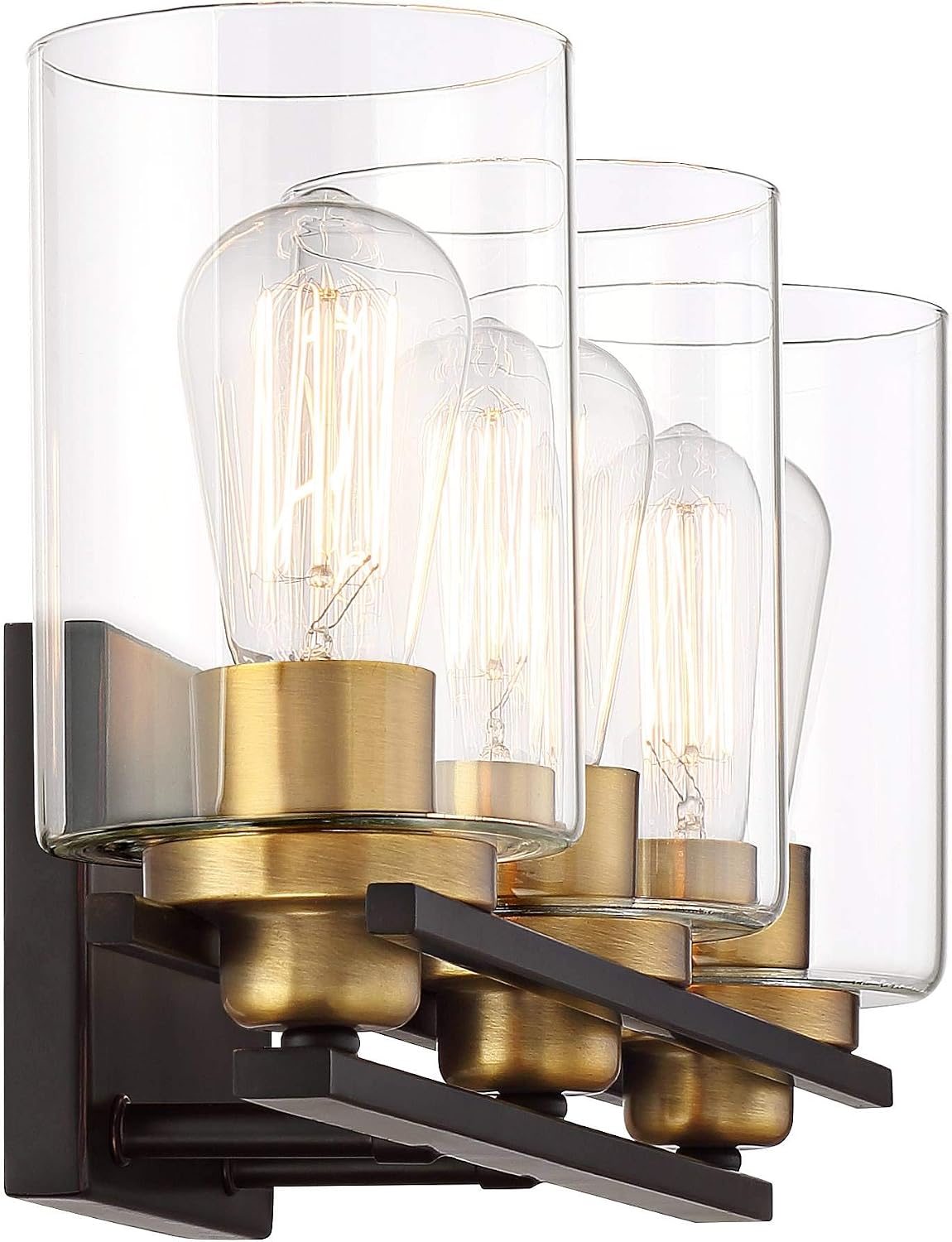 Possini Euro Design Demy Vintage Industrial Wall Mount Light Oil Rubbed Bronze Gold Hardwired 20' Wide 3-Light Fixture Clear Glass Cylinder Shade for Bathroom Vanity Mirror House Home Room Decor