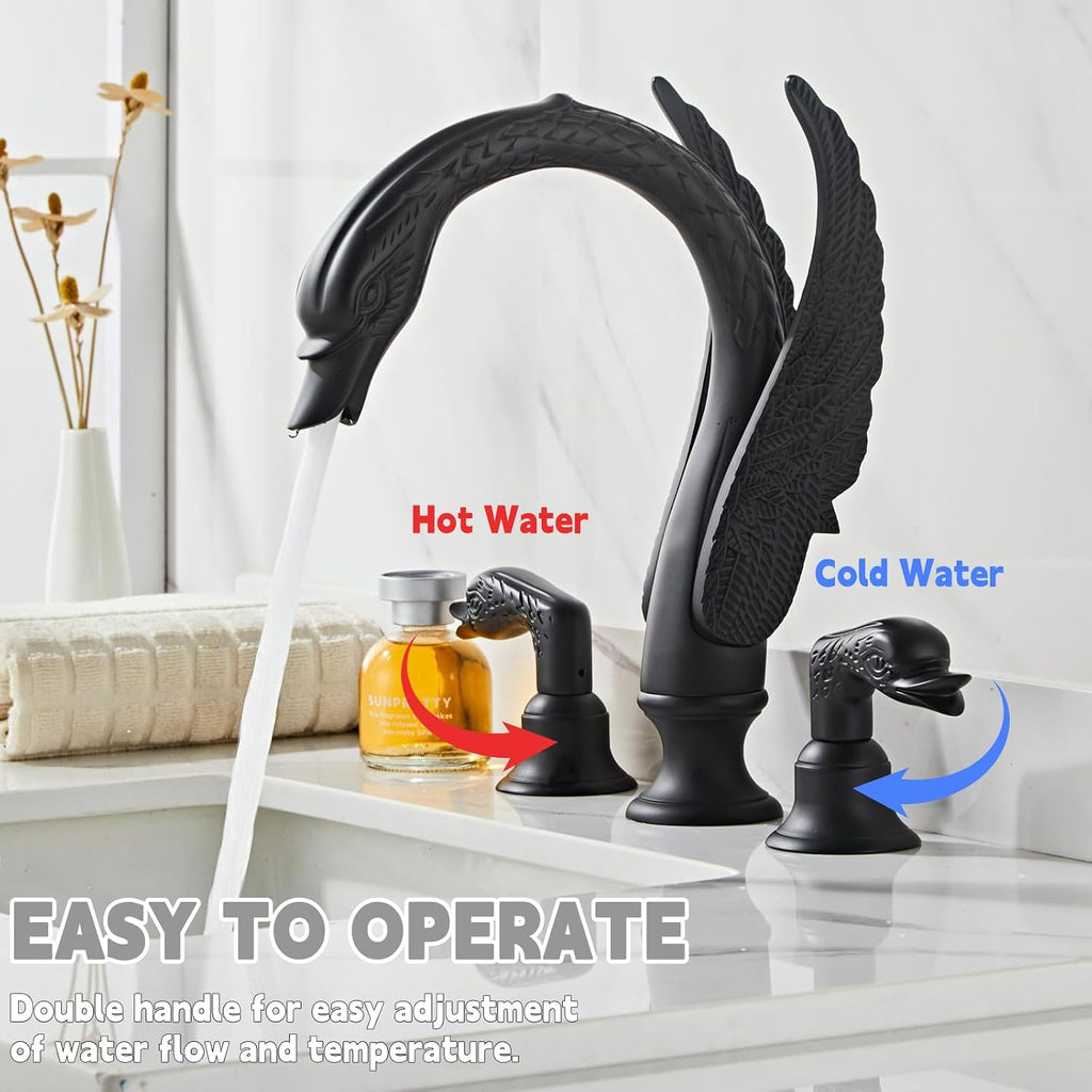 Golden Black Ornate Swan Style Bathroom Sink Faucet Combo Deck Mount Sink Mixer Tap Set Hot Cold Water