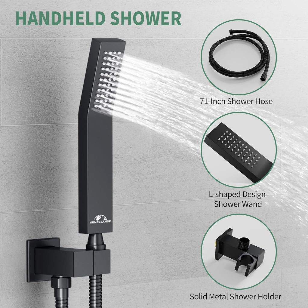 SunCleanse Rainfall Shower System Matte Black Ceiling Mounted Shower System Combo Set with High Pressure 12 Inches Square Rain Shower Head Handheld and Shower Faucet Rough-in Mixer Valve and Trim