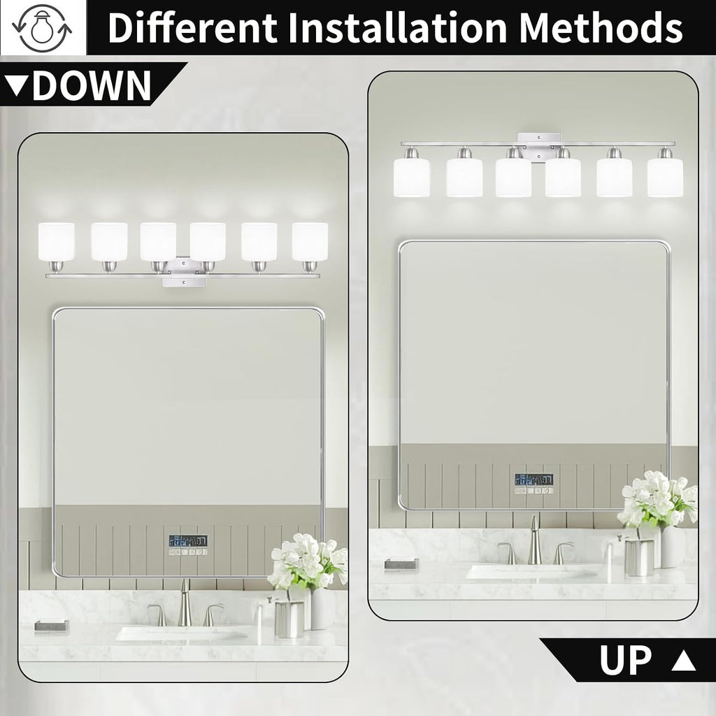 Large Bathroom Vanity Light Fixture, 6 Light Anti-Rust Finish with Milky White Frosted Glass Shades, 38 Inch Bath Light Above Mirror Light Fixture