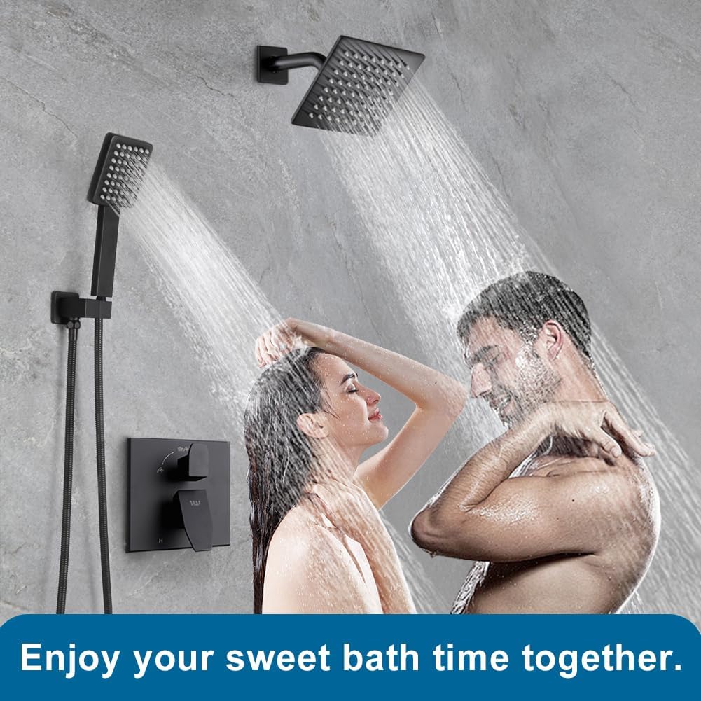 Matte Black Shower Faucet Set Rainfall 6 Inch Shower Head and Handle Set Bathroom Rain Shower System Wall Mounted Shower Fixture Include Shower Valve and Trim Kit