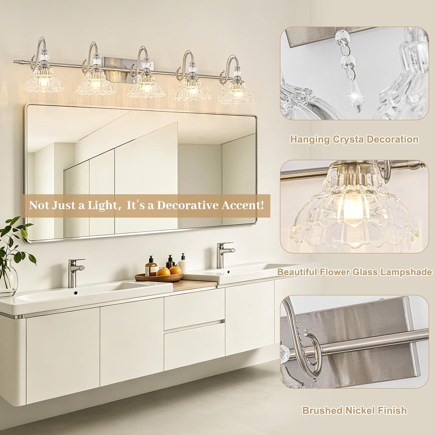 Brushed Nickel Bathroom Vanity Light, 5-Light Nickel Finish Wall Sconce with Hanging Crystal Accents and Flower-Shaped Clear Glass Shades, Modern Wall Mount Vanity Light Over Mirror for Bathroom
