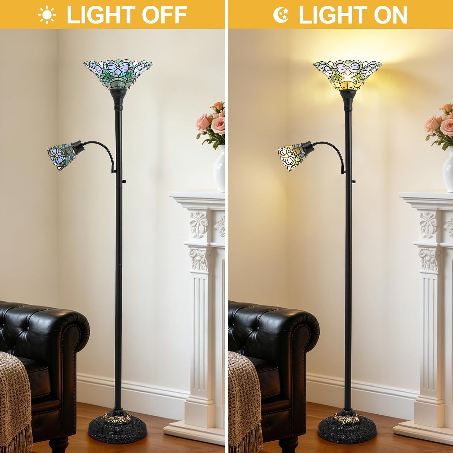 Luvkczc Tiffany Floor Lamp, Stained Glass Lamp Victorian Style with Adjustable Gooseneck Reading Lamp – 70' Tall Torchiere Floor Lamps for Living Room