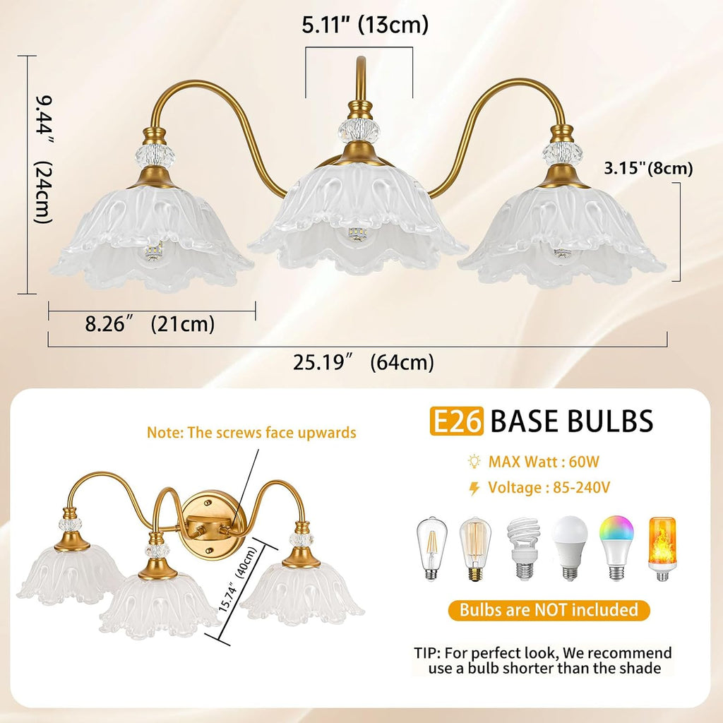 Vintage Bathroom Vanity Light, 3-Light Matte Brass Finish Vanity Light with Floral White Glass Shades, Retro Wall Sconce for Bathroom, Dressing Table