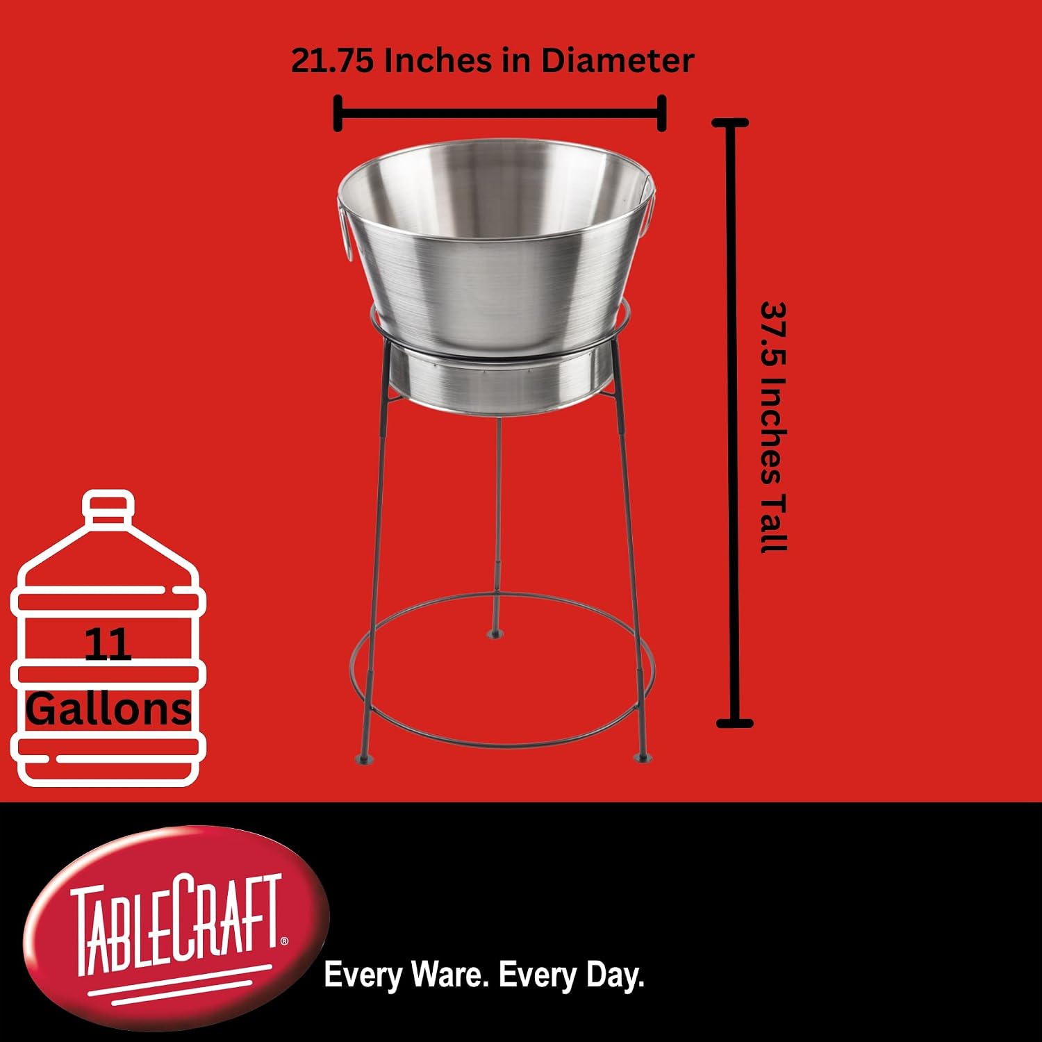 TableCraft BT2137N Beverage Tub with Stand, 20' Stainless Steel, 11 Gal Capacity, Round Single Wall, Brickhouse Collection, Commercial Grade for Parties, Events, Indoor or Outdoor Use