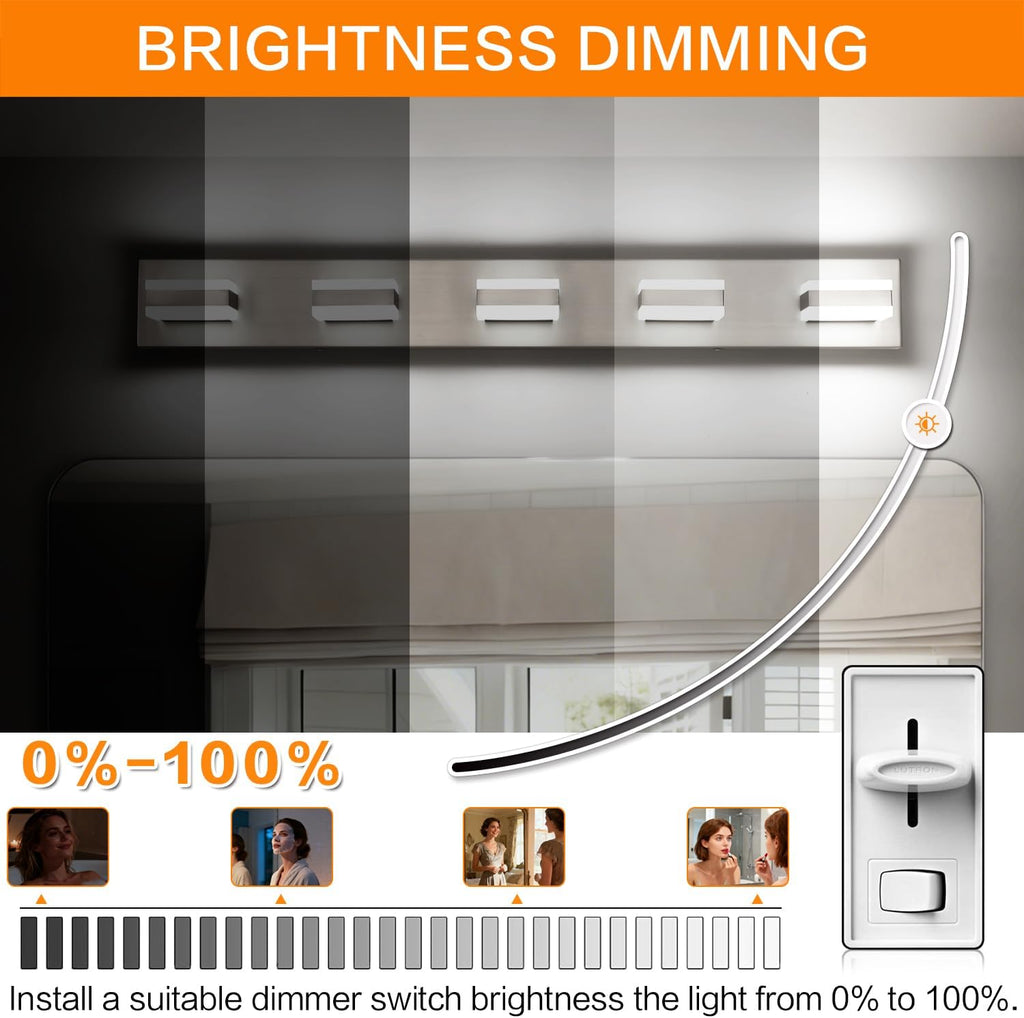 SOLFART Bathroom Brushed Nickel Bathroom Light Fixture, Vanity Lights Over Mirror, 5 Light Led Lights for Bathrooms,5 Color Temperature Adjustable Vanity Lights for Bath Nickel