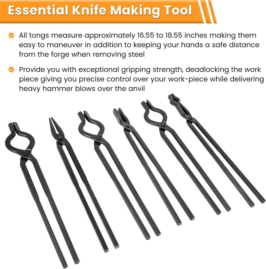 Beginner Blacksmith Tongs Knife Making Tong Set Bladesmith Forge Tong Tools Set Anvil Vise Includes 1/4 Flat Jaw, Pick Up, Scroll, 3/8 1/2 5/8 V-Bit Tongs (6 Piece)