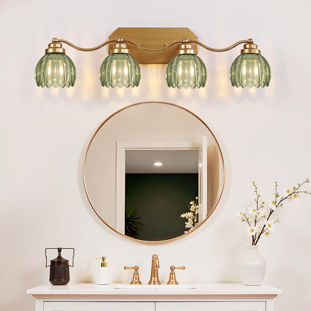 VbiTmn Gold Bathroom Light Fixtures, 4 Light Vintage Vanity Lights, Antique Brass Brushed Gold Finish, Crystal Green Glass Shade, Mid Century Wall Sconces for Bedroom, Living Room, Hallway