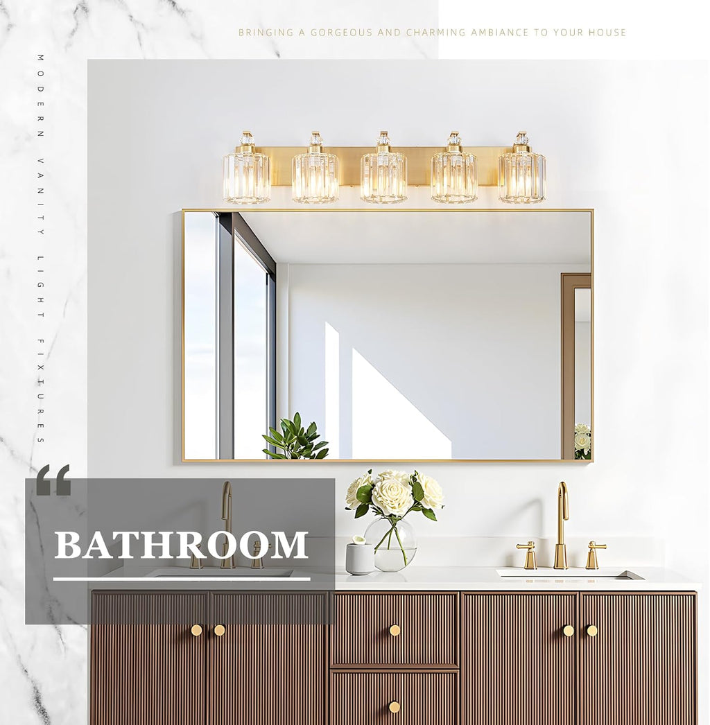 5-Lights Brushed Brass Bathroom Light Fixture Gold Vanity Lights Modern Crystal Bathroom Vanity Lighting Over Mirror Wall Sconce with K9 Crystal Shade E26 Base for Living Room, Bedroom Wall Lamp