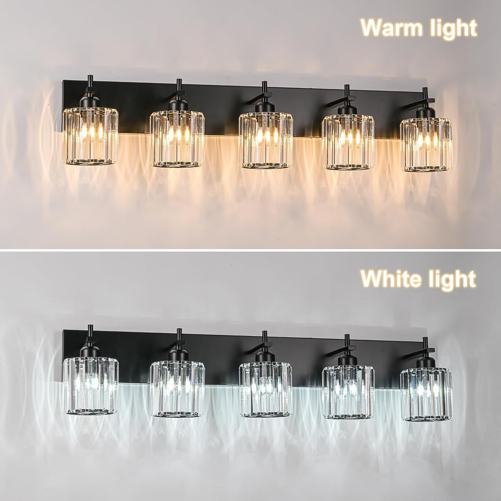 Black Crystal Bathroom Vanity Lights, Modern 5-Lights Bathroom Lighting Fixtures Over Mirror, Crystal Wall Lighting with Round Shade