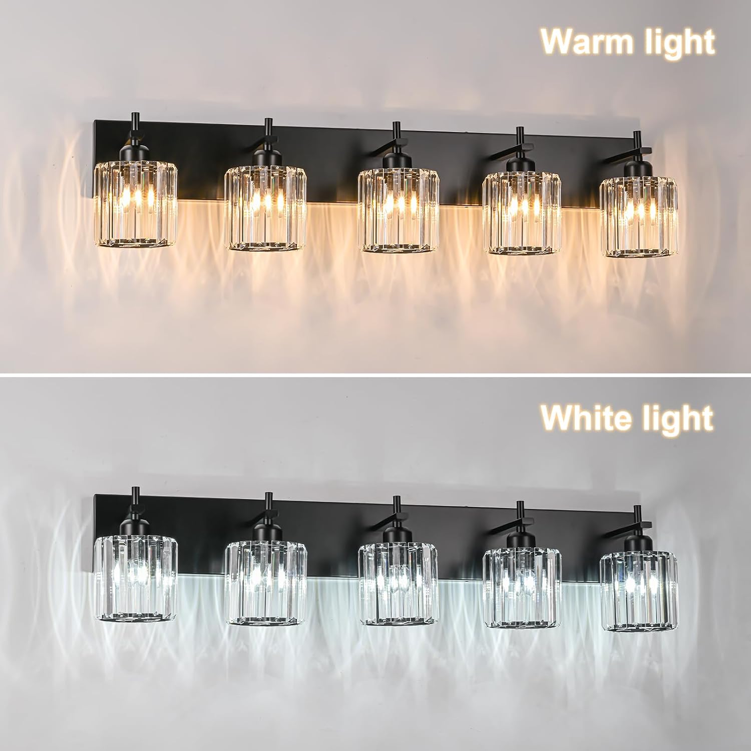 Black Crystal Bathroom Vanity Lights, Modern 5-Lights Bathroom Lighting Fixtures Over Mirror, Crystal Wall Lighting with Round Shade