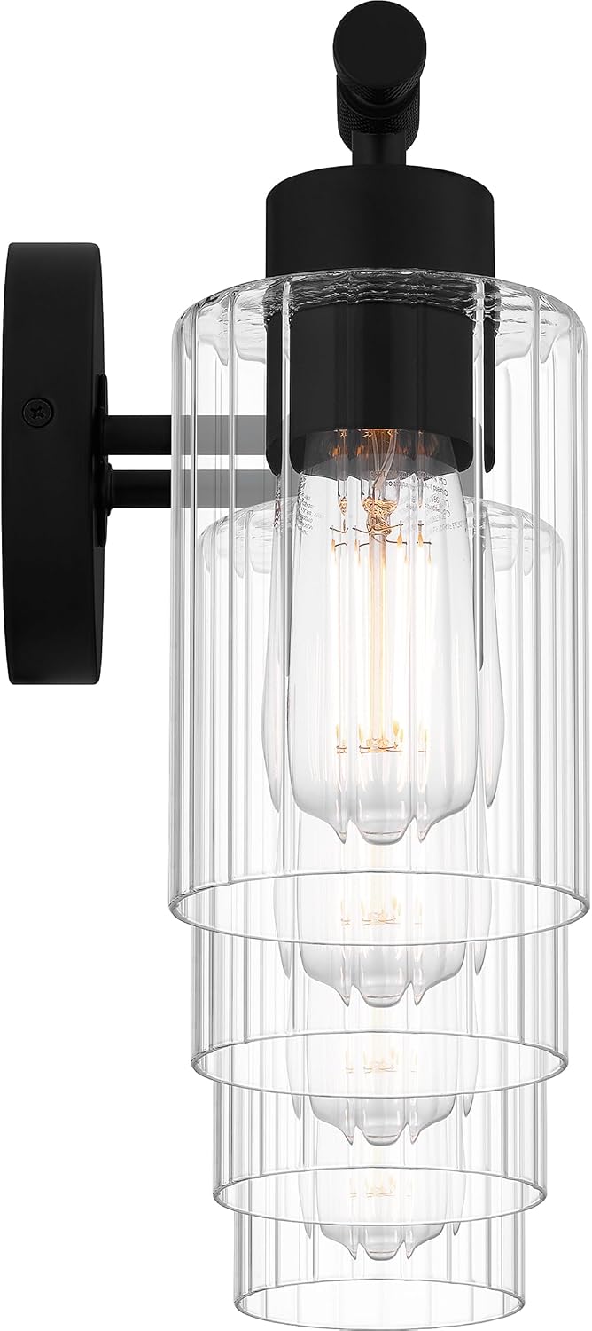 Quoizel Caputo Bath Vanity Lights, 32 Inch 4-Light Matte Black Lighting Fixtures Over Mirror, Clear Ribbed Glass, 100W, Modern Industrial Wall Mount Light for Bathroom, Dresser or Sink