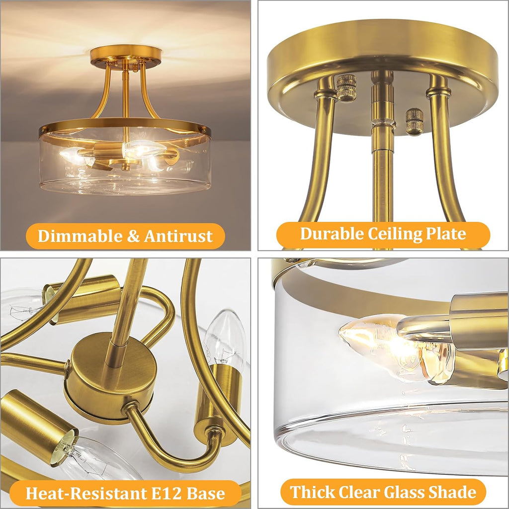 Brushed Gold Semi Flush Mount Ceiling Light, 11.81' Kitchen Lighting Fixtures Ceiling with Glass Shade, 3-Light Modern Hallway Light Fixtures for Entryway Bedroom Bathroom Foyer Laundry Dining Room