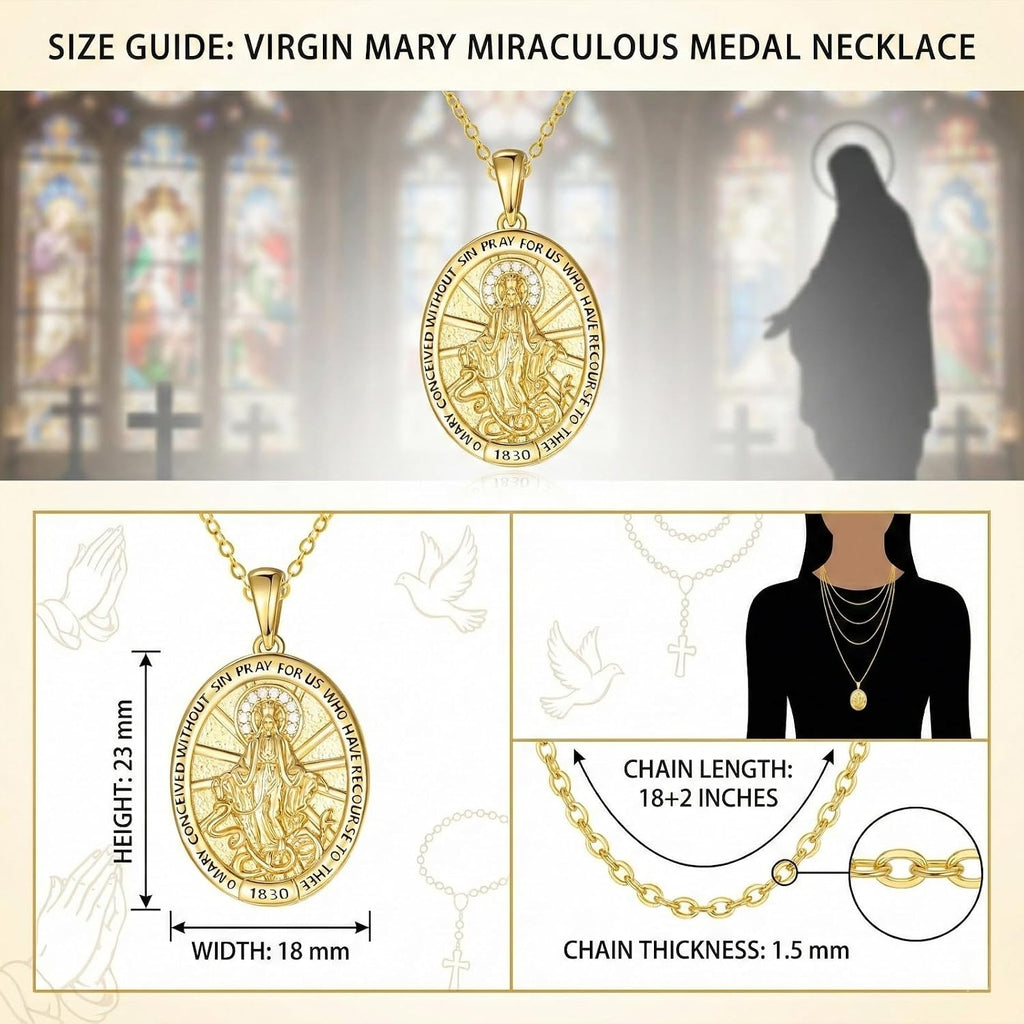 Miraculous Medal Necklace, 14K Gold Virgin Mary Pendant Protection Jewelry, Medalla Milagrosa Catolica Necklace Catholic Gifts for Women
