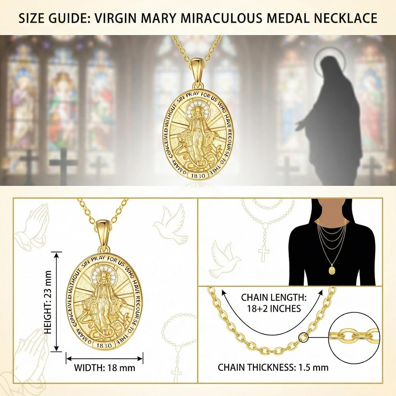 Miraculous Medal Necklace, 14K Gold Virgin Mary Pendant Protection Jewelry, Medalla Milagrosa Catolica Necklace Catholic Gifts for Women