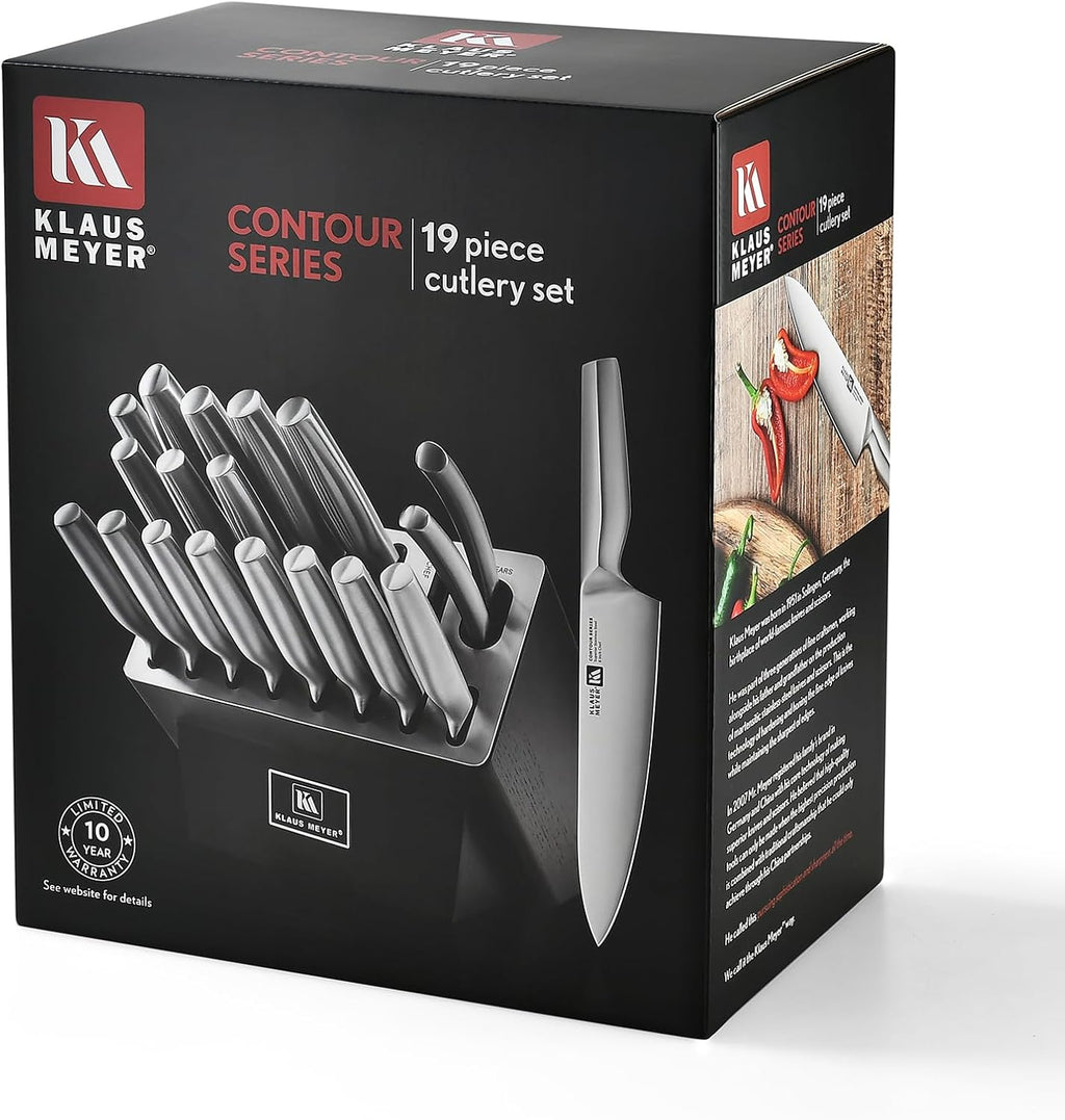 Klaus Meyer 19 Piece Contour High Carbon Stainless Steel Kitchen Knife Set with Knife Sharpener Non-Slip Handles Knife Set with Block