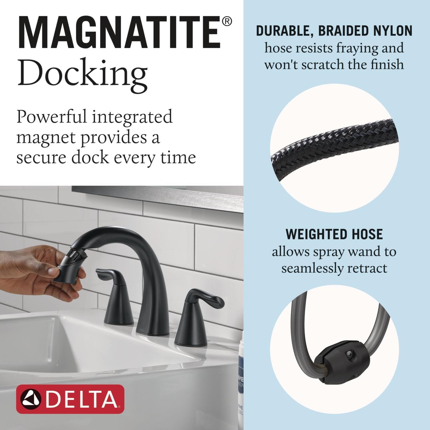 Delta Arvo Matte Black Bathroom Faucet with Sprayer, 8 Inch 3 Hole Widespread Bathroom Sink Faucet with Pull Out Sprayer, Push-Pop Drain, Matte Black 35840LF-BLPD