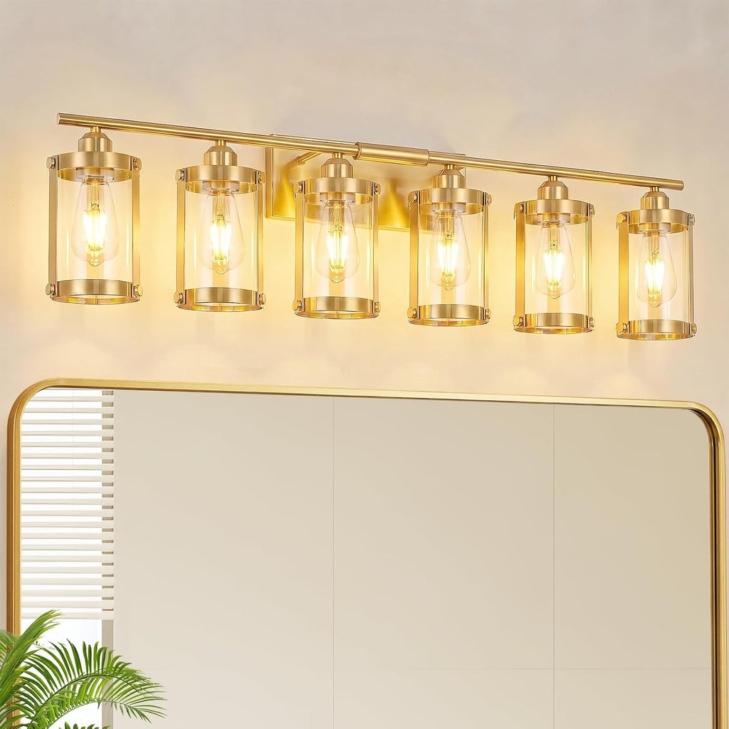 6-Light Brushed Gold Bathroom Light Fixtures Over Mirror with Clear Glass and Metal Cage Shade, 42' UL-Listed Modern Farmhouse Wall Sconce for Bath, Hardwire E26, OS-3014BG-6W