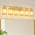 6-Light Brushed Gold Bathroom Light Fixtures Over Mirror with Clear Glass and Metal Cage Shade, 42' UL-Listed Modern Farmhouse Wall Sconce for Bath, Hardwire E26, OS-3014BG-6W