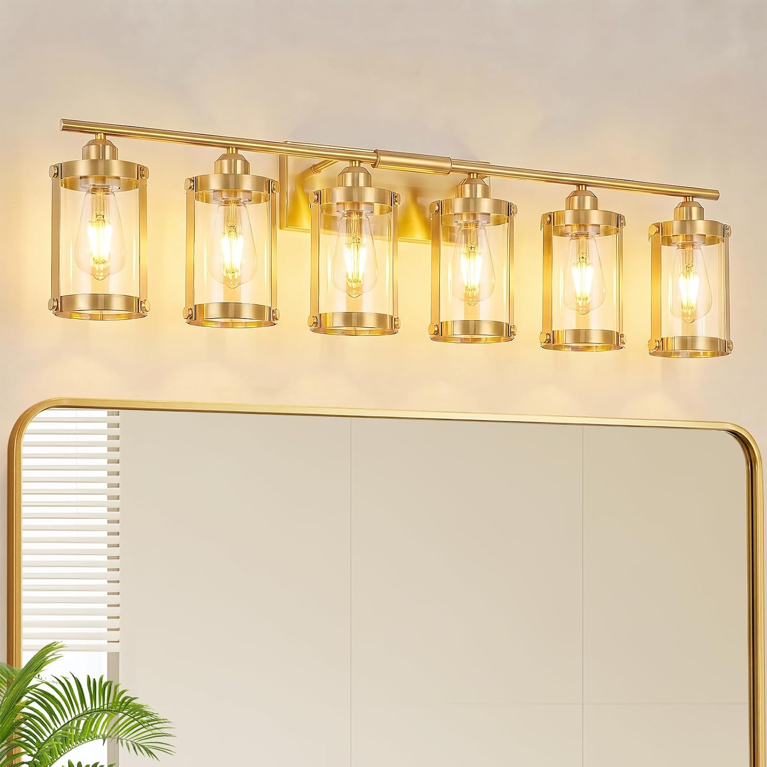 6-Light Brushed Gold Bathroom Light Fixtures Over Mirror with Clear Glass and Metal Cage Shade, 42' UL-Listed Modern Farmhouse Wall Sconce for Bath, Hardwire E26, OS-3014BG-6W