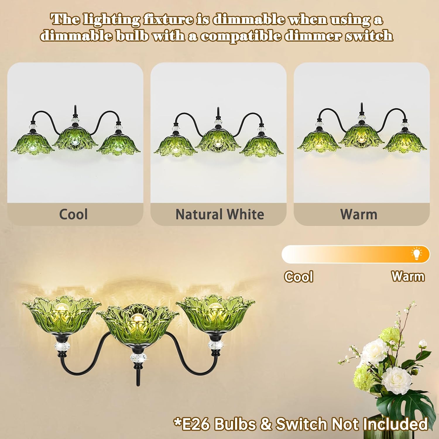 Black Bathroom Vanity Light,3-Light Vanity Light with Floral Green Glass Shades,Vintage Farmhouse Wall Mount Lighting for Bathroom, Dressing Table