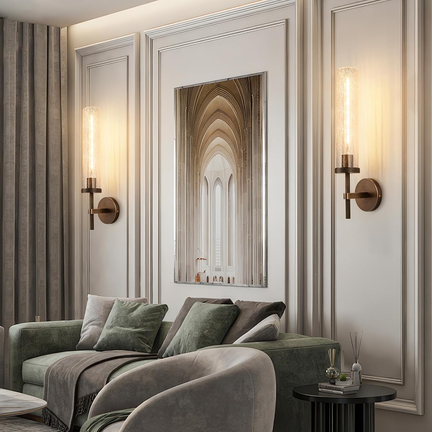 19.5' Knurled Brass Wall Sconces Set of 2, Bronze Bathroom Vanity Light Fixtures with Crackle Glass Tube, Modern Lamp Lighting for Bedroom, Living Room, Hallway, Staircase, Mirror, Kitchen